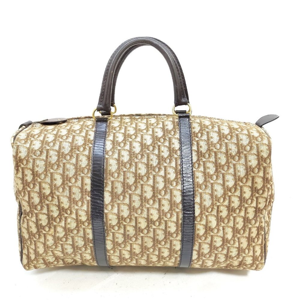 Dior Brown Beige Monogram Travel Bag with Dark Brown Leather Trim